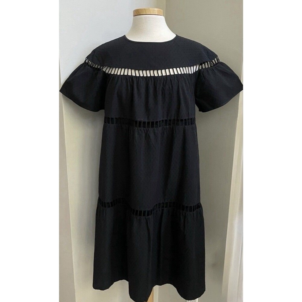 Ann Taylor Short Sleeve Tiered Dress with Cutout Trim, Black~Medium~Pockets!